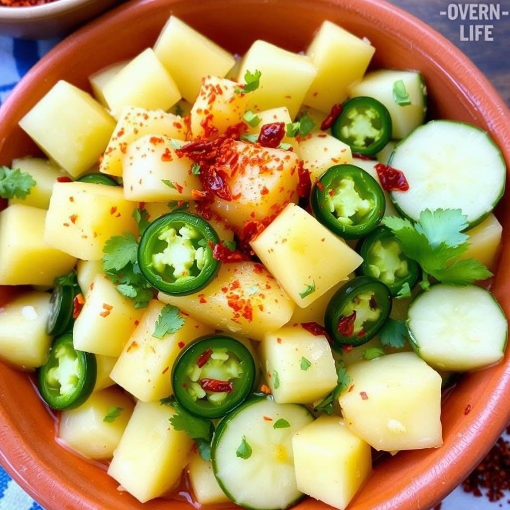 Spicy pineapple cucumber salad with jalapeños and chili flakes