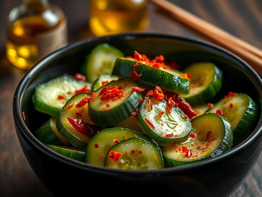 Spicy version of Japanese cucumber salad with visible red chili flakes