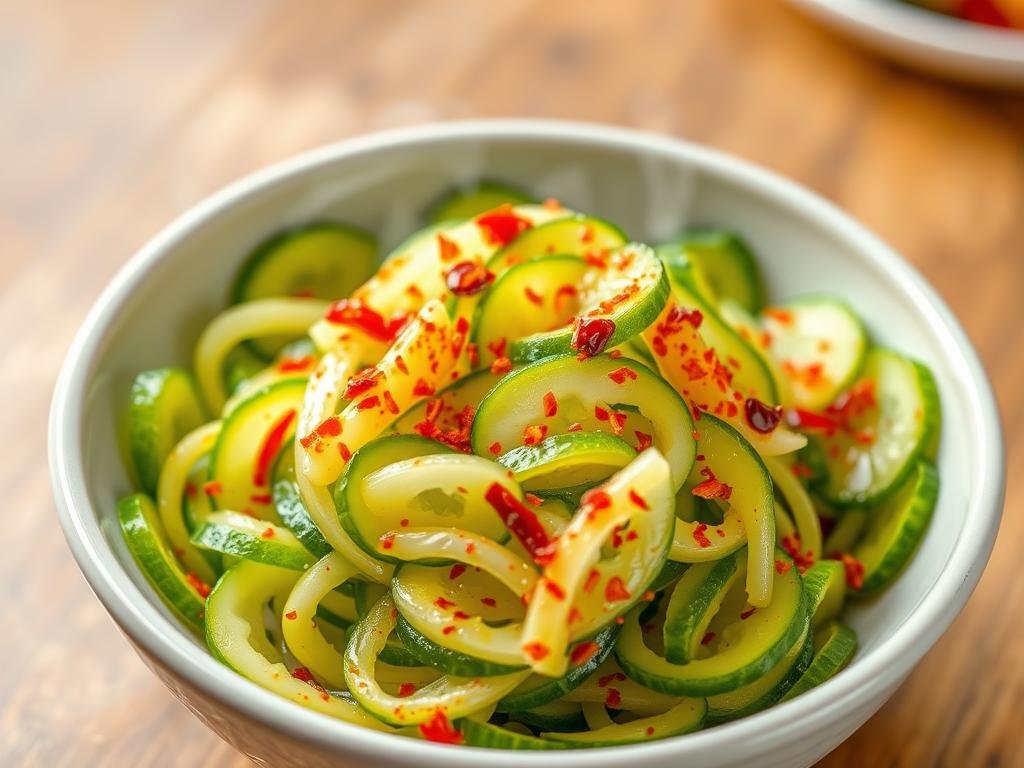 Spicy version of TikTok cucumber salad with chili oil and red pepper flakes