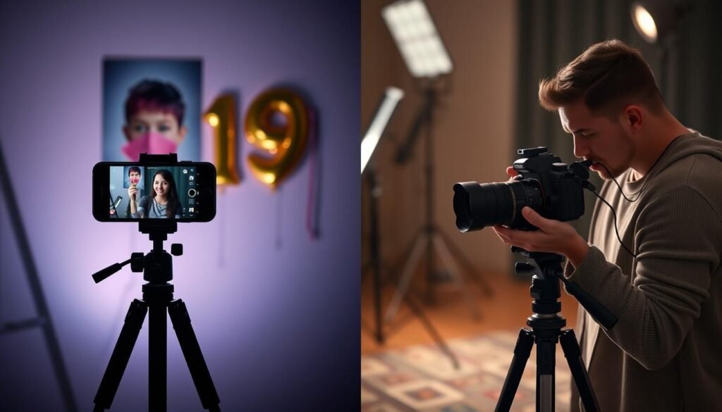 Split image showing DIY 19th birthday photoshoot setup versus professional photography session