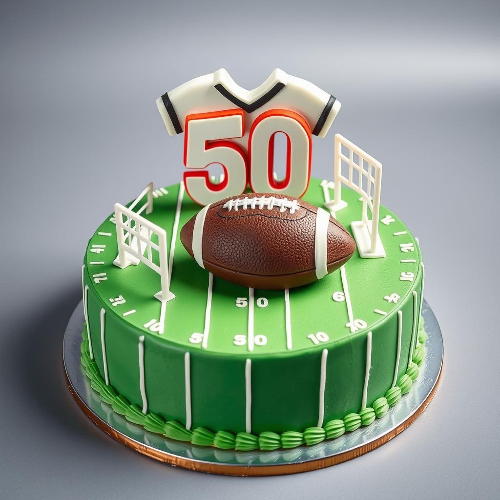 Sports-themed 50th birthday cake for men with football decorations