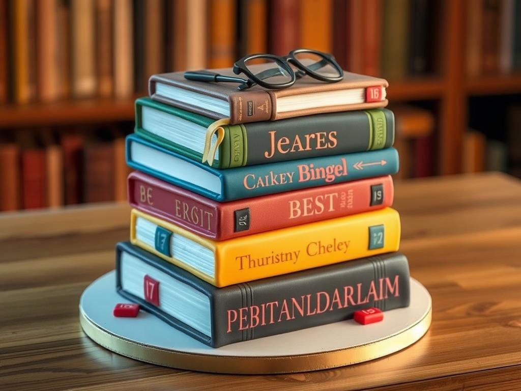 Stack of books cake with favorite book titles and reading elements Stack of books cake with favorite book titles and reading elements