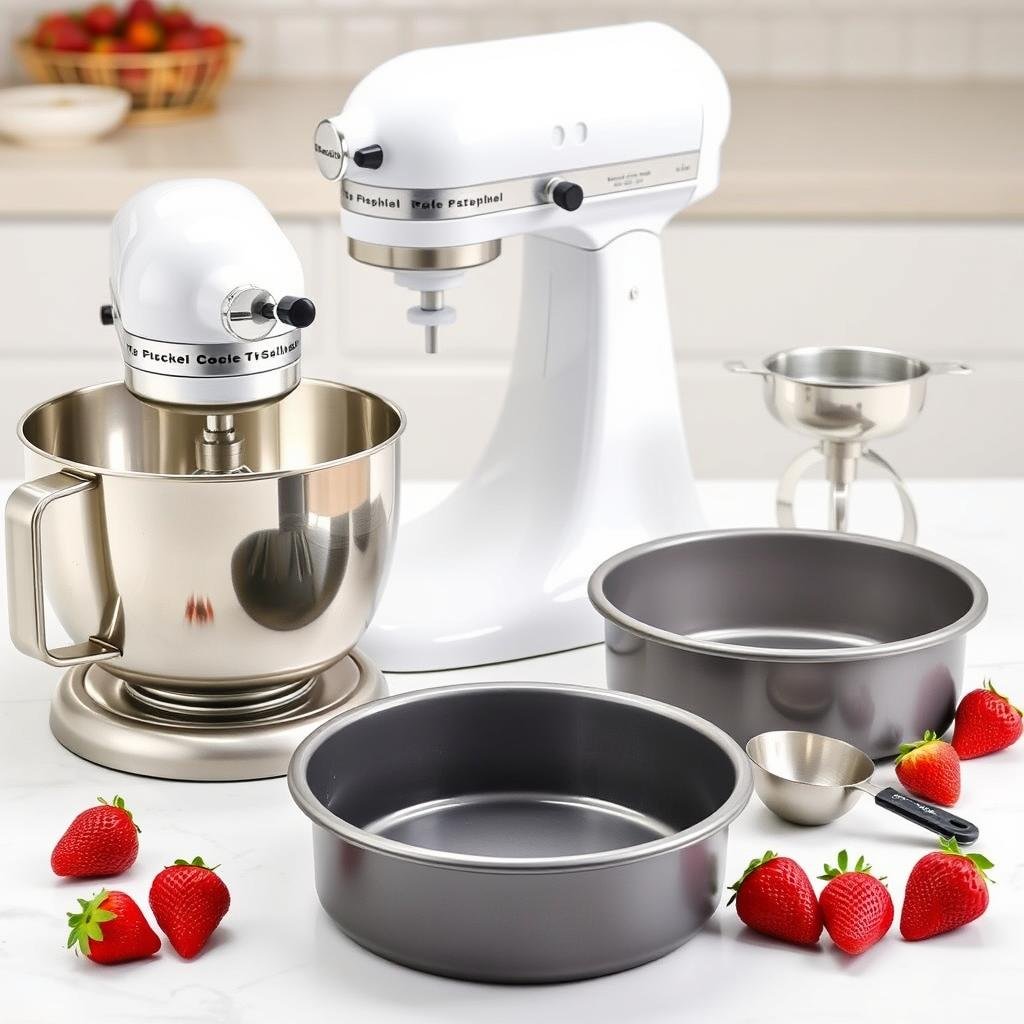Stand mixer and cake pans needed for strawberry cake recipe