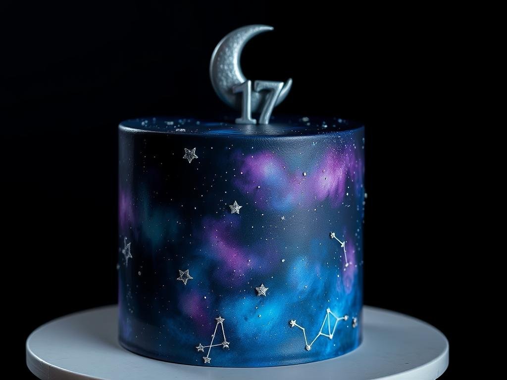 Starry night sky cake with constellations, moon, and galaxy elements Starry night sky cake with constellations, moon, and galaxy elements