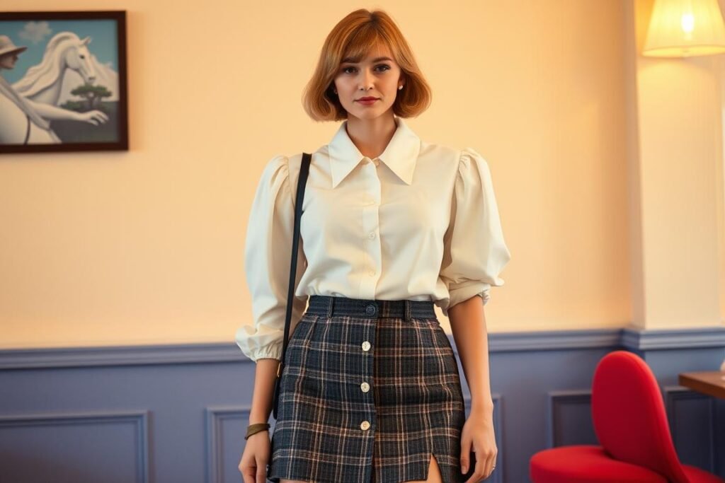 Statement collar blouse with mini skirt for 22nd birthday