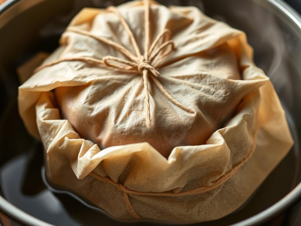 Steaming the plum pudding in a traditional basin