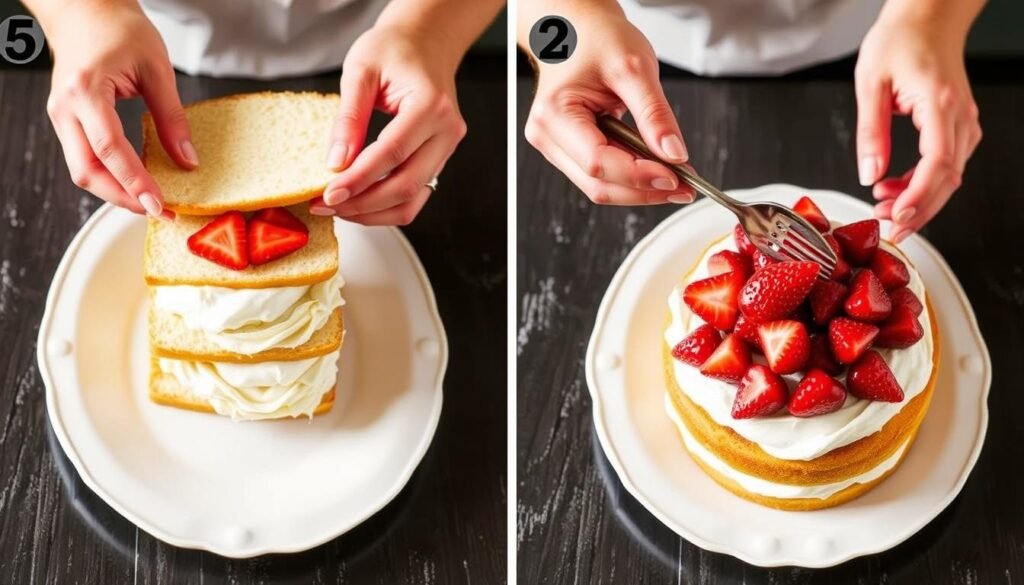 Step-by-step assembly of angel cake strawberry shortcake showing layering process