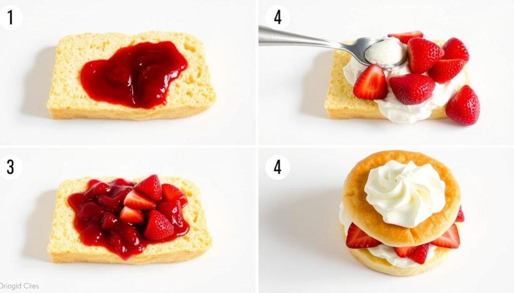 Step-by-step assembly of cherry jam strawberry shortcake showing layering process Step-by-step assembly of cherry jam strawberry shortcake showing layering process