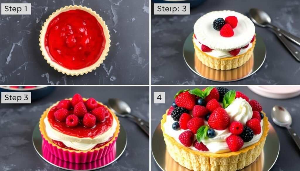 Step-by-step assembly of raspberry tart strawberry shortcake