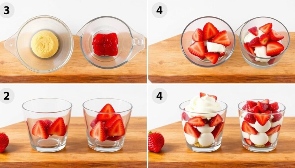 Step-by-step assembly of strawberry shortcake cups showing layering process Step-by-step assembly of strawberry shortcake cups showing layering process