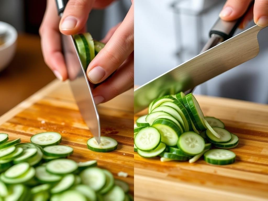 Step-by-step preparation of Asian cucumber salad showing cucumber slicing technique Step-by-step preparation of Asian cucumber salad showing cucumber slicing technique