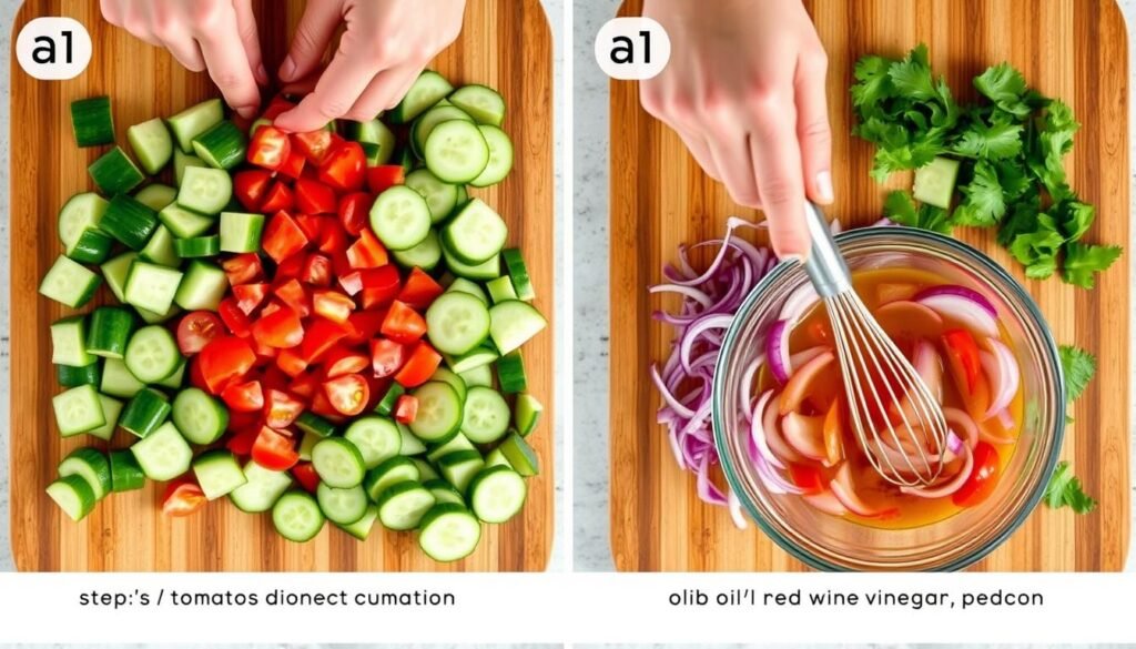 Step-by-step preparation of Greek cucumber salad showing chopping vegetables