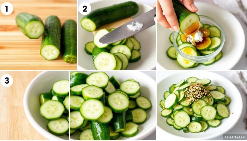 Step-by-step preparation of Japanese cucumber salad showing slicing, salting, and dressing the cucumbers
