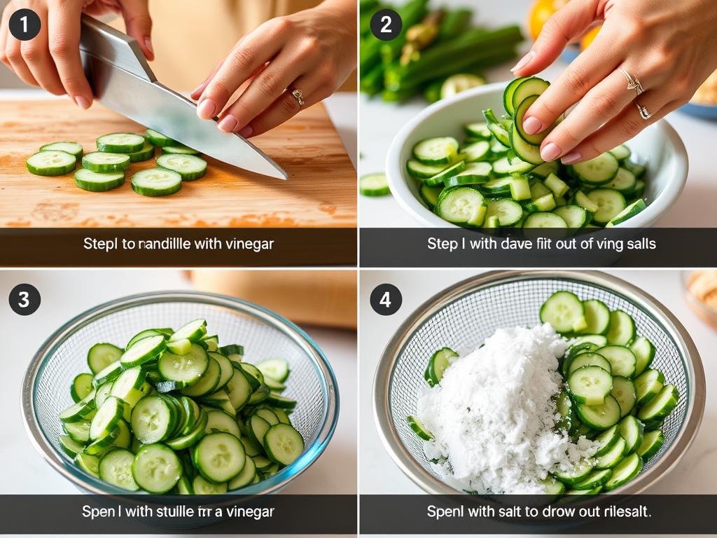 Step-by-step preparation of cucumber salad with vinegar showing slicing and salting process