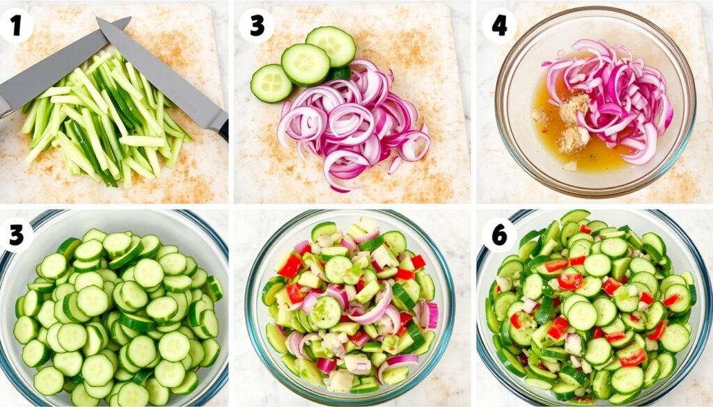 Step-by-step preparation of easy cucumber salad showing slicing and mixing
