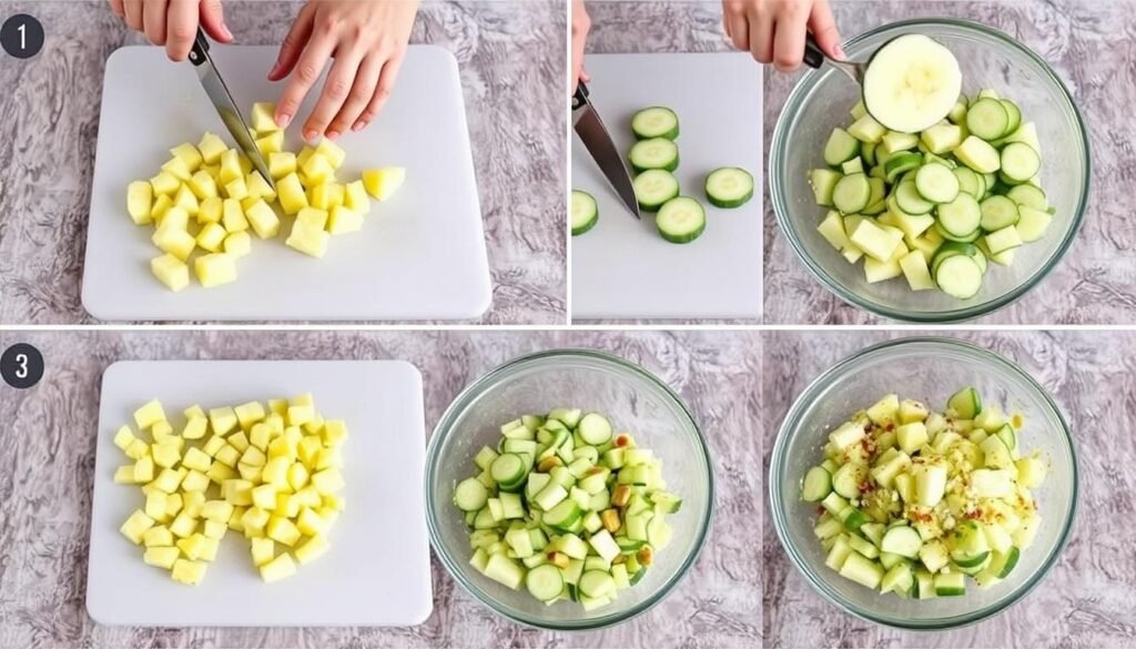 Step-by-step preparation of pineapple cucumber salad showing cutting techniques and assembly