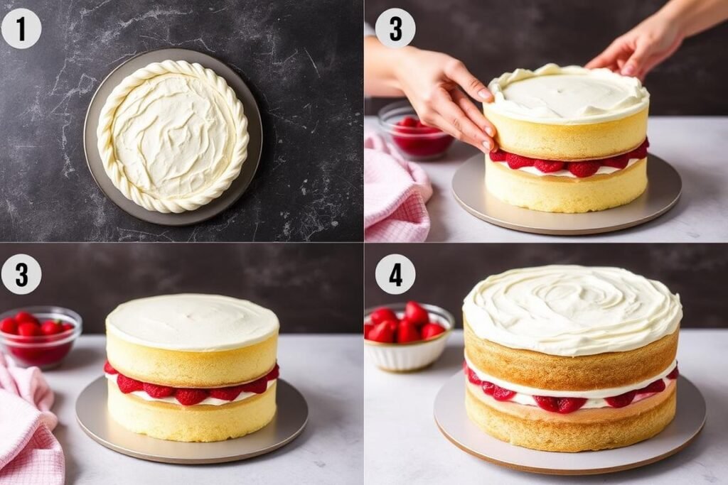 Step-by-step process of assembling a cake with strawberry filling Step-by-step process of assembling a cake with strawberry filling