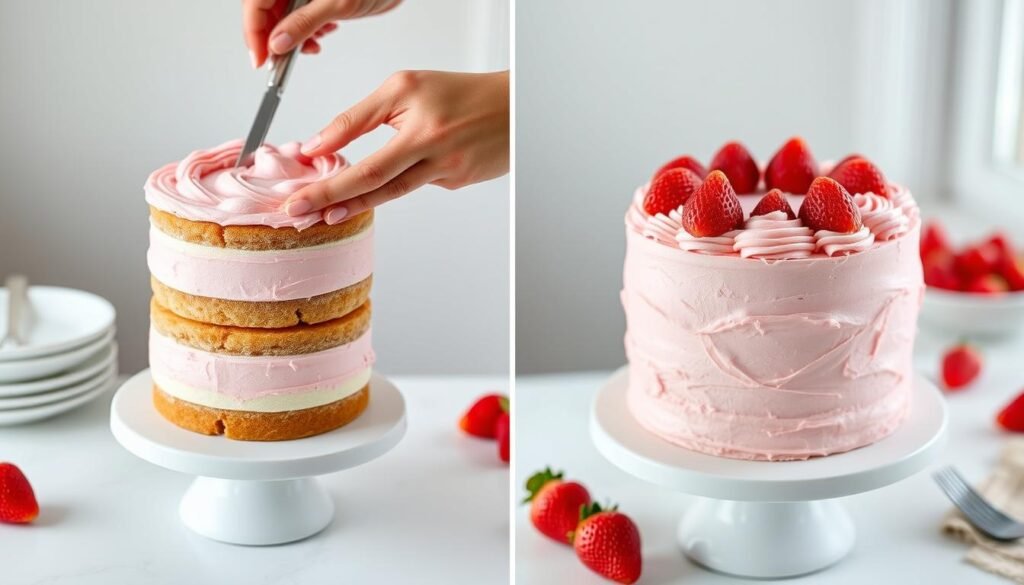 Step by step process of assembling and frosting a homemade strawberry layer cake
