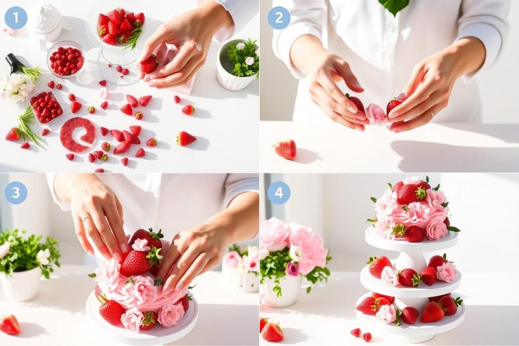 Step-by-step process of creating a classic strawberry shortcake centerpiece