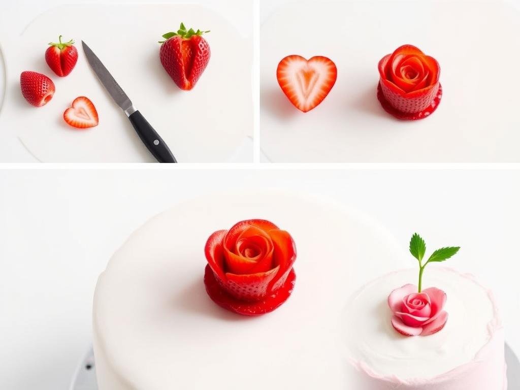 Step-by-step process of creating a strawberry rose for cake decoration
