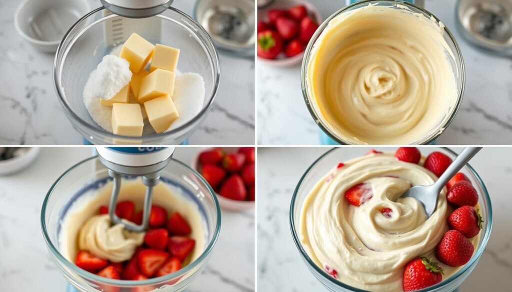 Step by step process of making homemade strawberry cake batter
