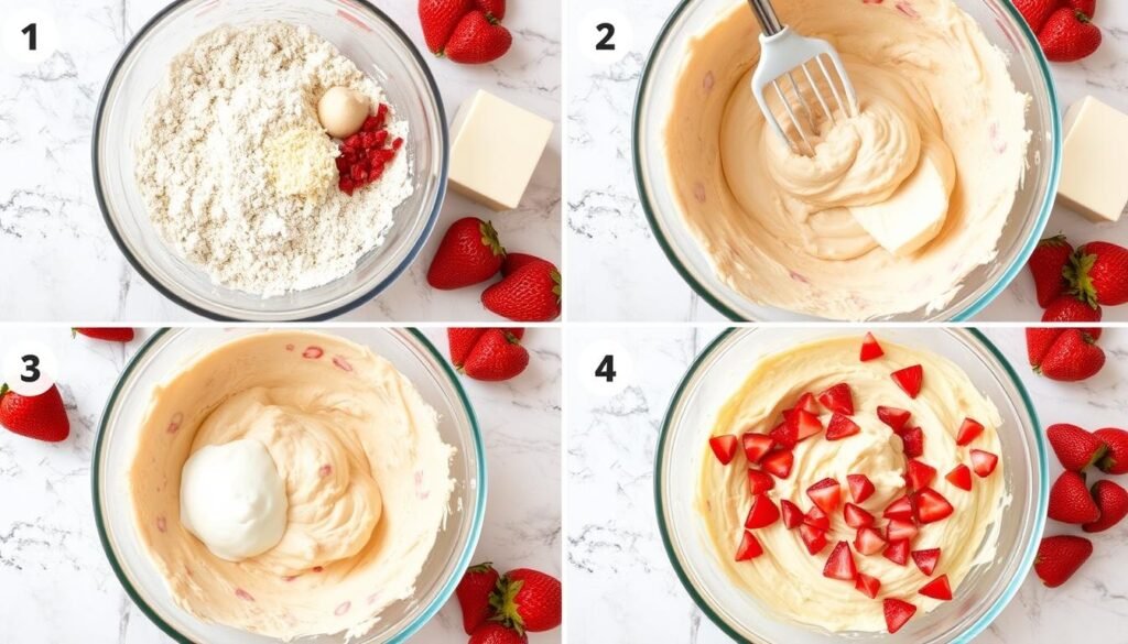 Step by step process of making homemade strawberry cake batter Step by step process of making homemade strawberry cake batter