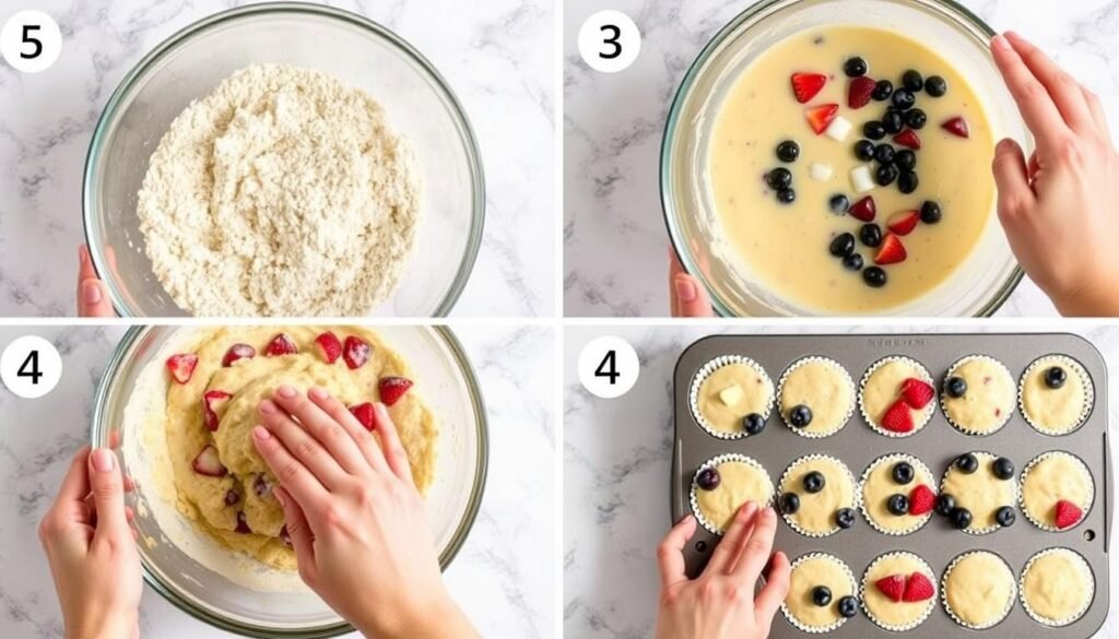 Step-by-step process of making strawberry shortcake blueberry muffins