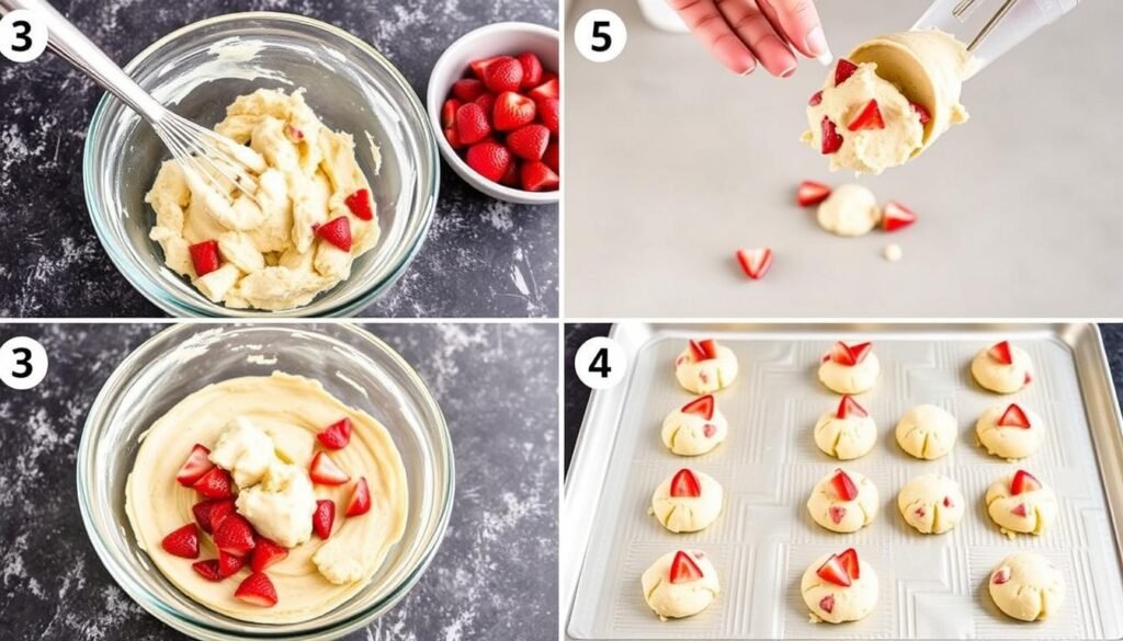 Step by step process of making strawberry shortcake cookies showing the dough preparation, shaping, and baking stages Step by step process of making strawberry shortcake cookies showing the dough preparation, shaping, and baking stages