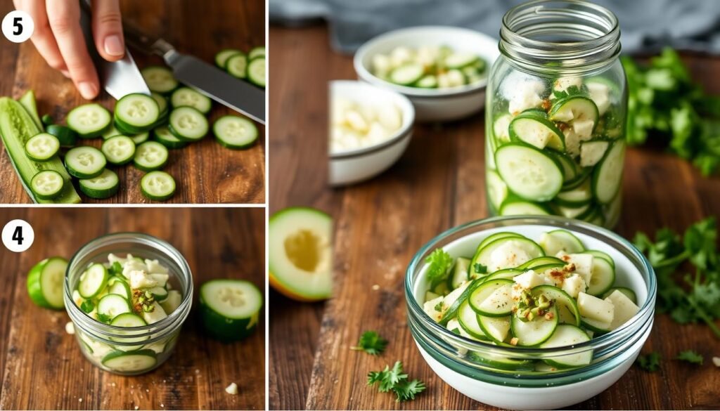 Step-by-step process of making viral cucumber salad