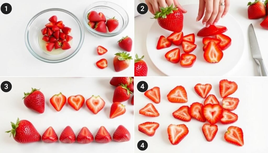 Step-by-step process of preparing strawberries for cake decoration