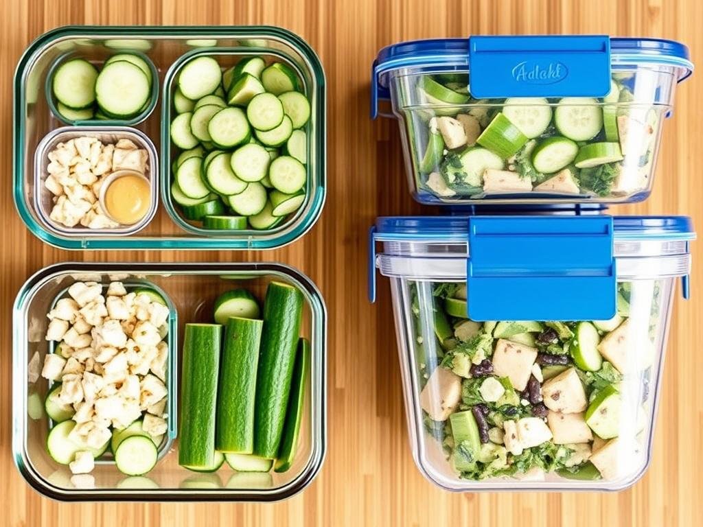 Storage containers with California Roll Cucumber Salad components Storage containers with California Roll Cucumber Salad components