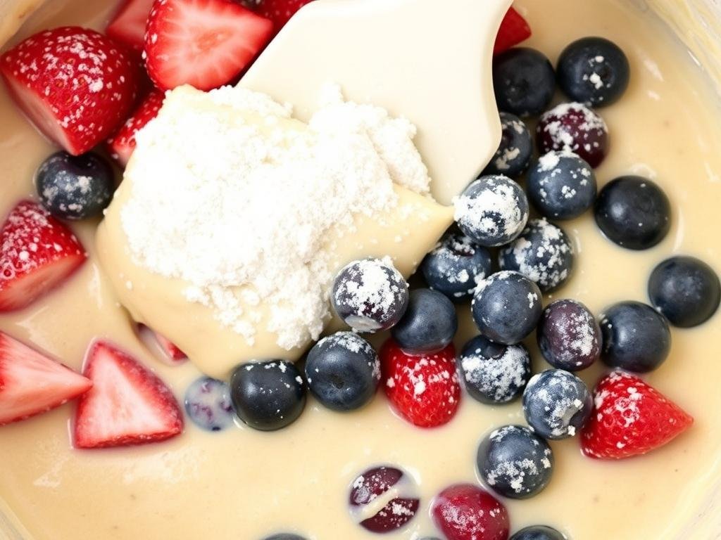 Strawberries and blueberries being folded into muffin batter
