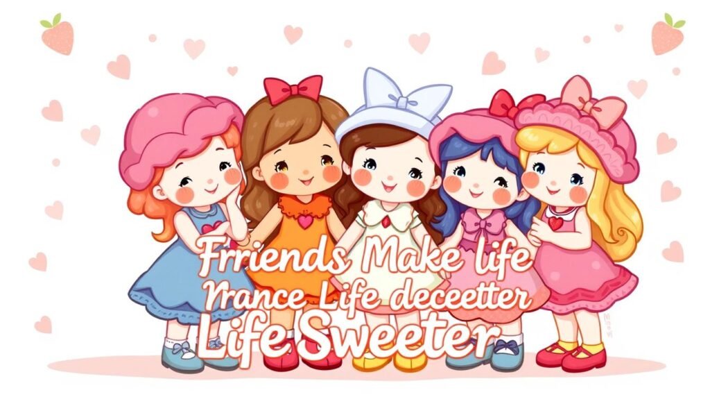 Strawberry Shortcake and friends in a group pose with the message 'Friends make life sweeter'