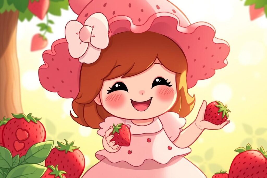 Strawberry Shortcake character showing her kind and friendly personality Strawberry Shortcake character showing her kind and friendly personality