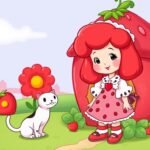 Strawberry Shortcake character standing in her strawberry-themed home with her cat Custard