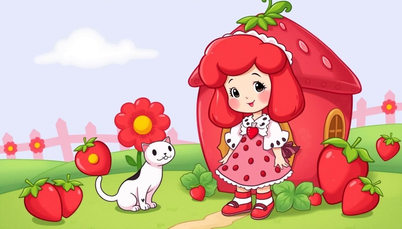 Strawberry Shortcake character standing in her strawberry-themed home with her cat Custard