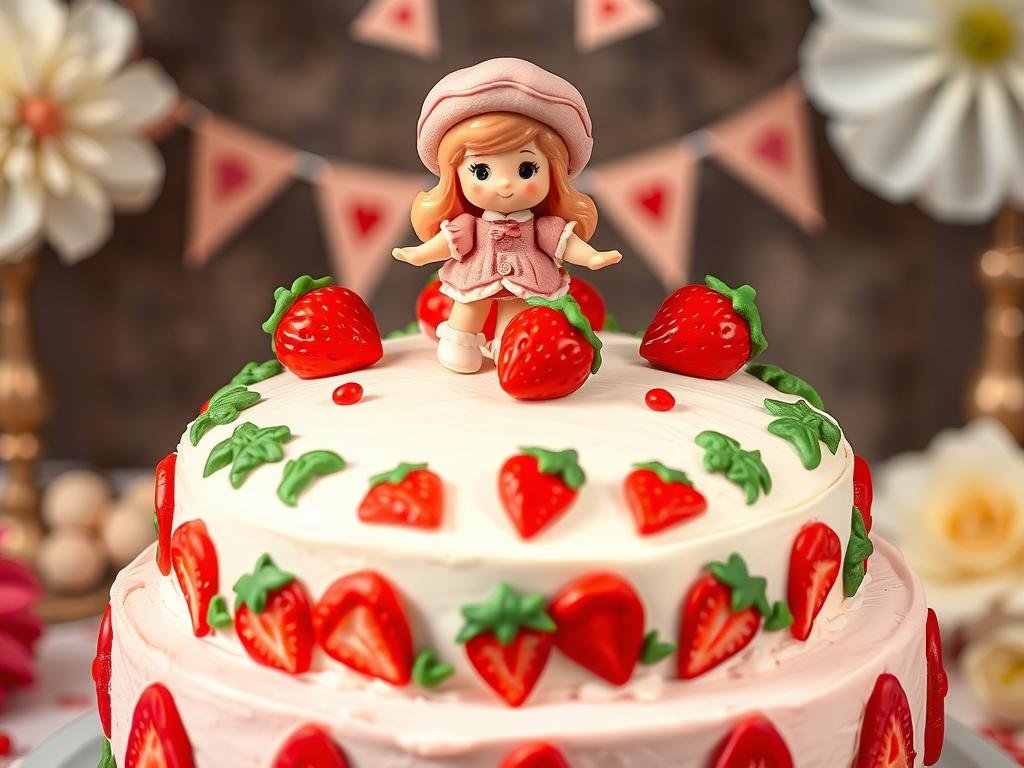 Strawberry Shortcake themed birthday cake with vintage character topper