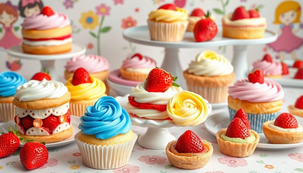 Strawberry Shortcake themed desserts and treats arranged on a table