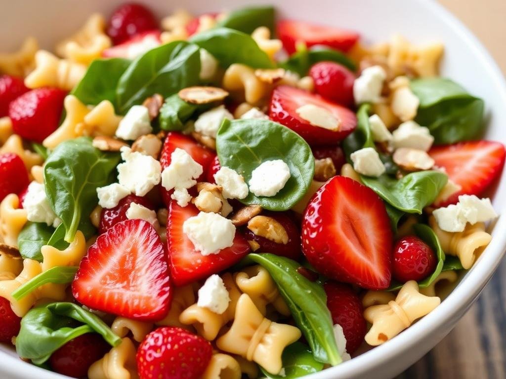 Strawberry balsamic pasta salad with spinach and goat cheese