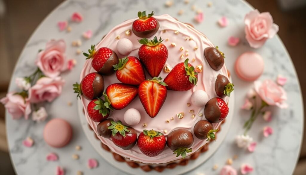 Strawberry cake decorated with chocolate-dipped strawberries, gold leaf, and pink macarons