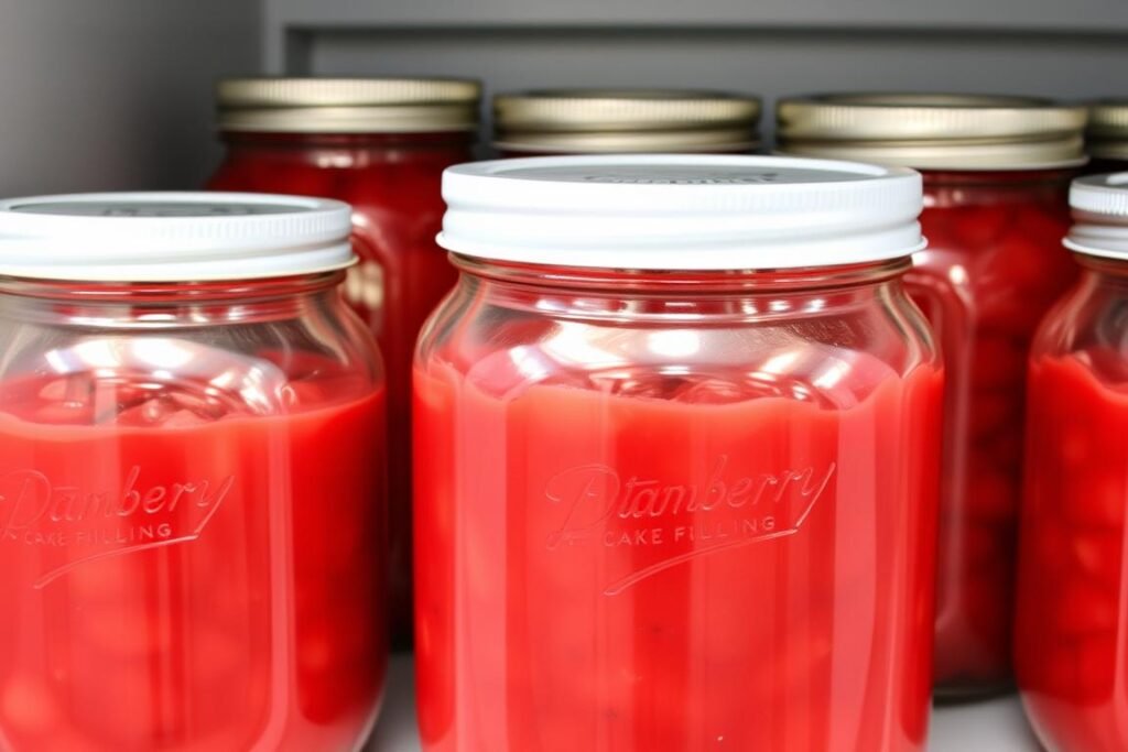 Strawberry cake filling stored in sealed mason jars Strawberry cake filling stored in sealed mason jars