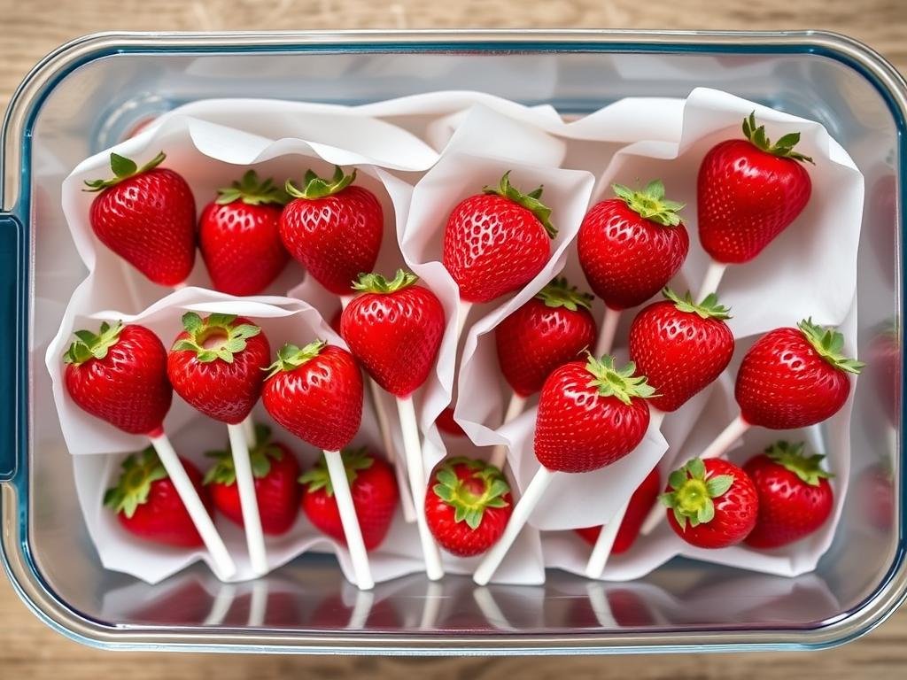 Strawberry cake pops stored in a container with parchment paper between layers