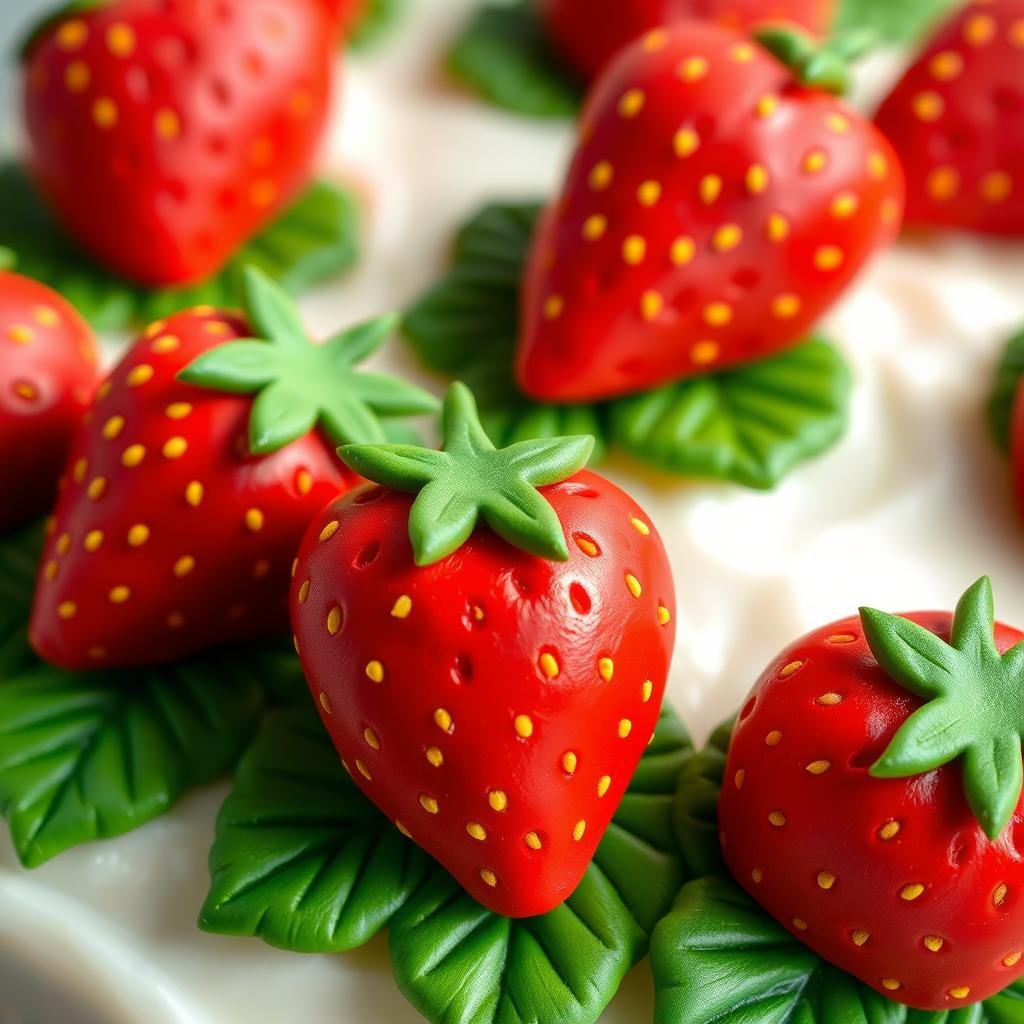 Strawberry cake with fondant decorations shaped like strawberries and leaves