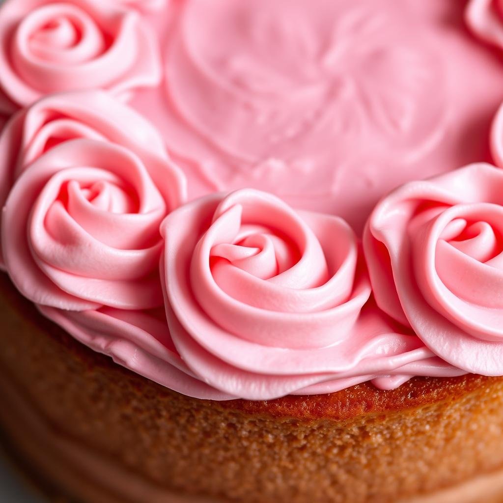 Strawberry cake with pink buttercream frosting piped in rosettes