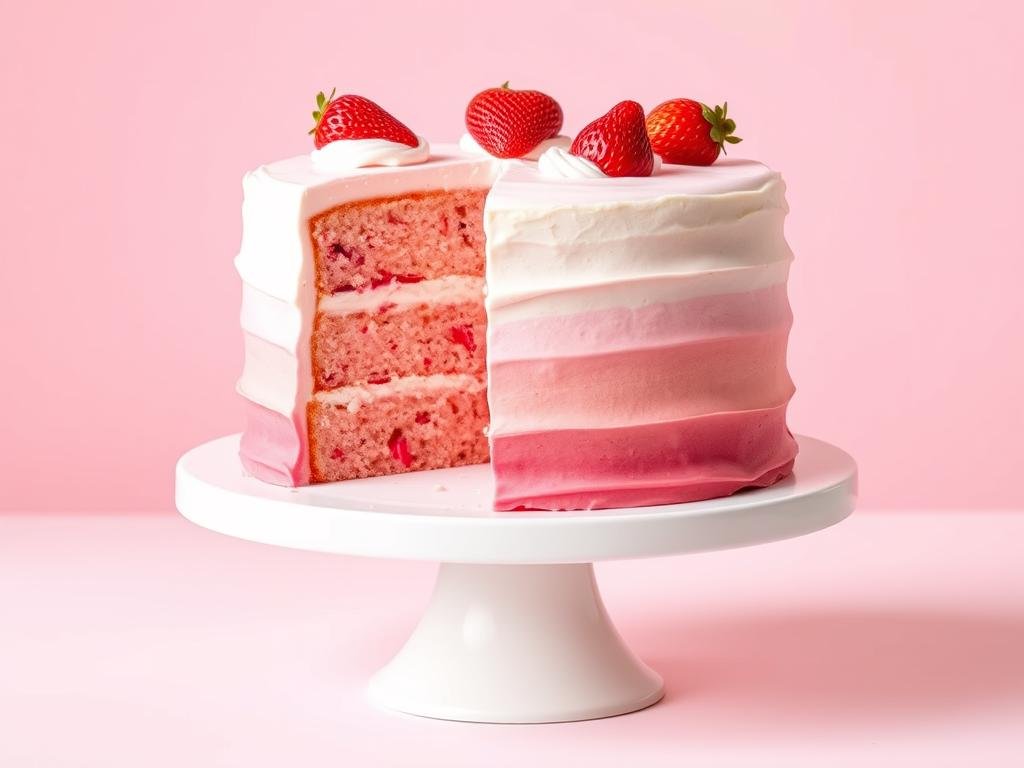 Strawberry cake with pink ombre frosting effect showing color gradient technique