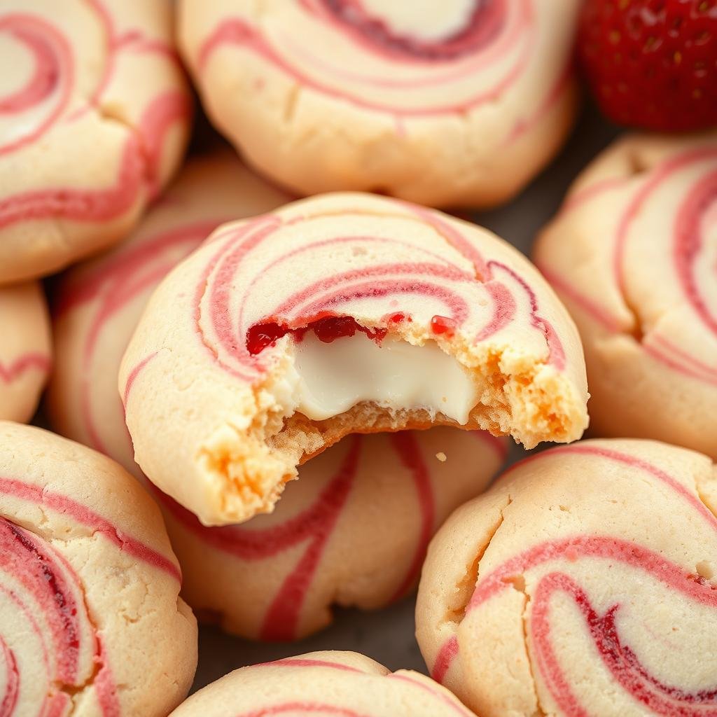 Strawberry cheesecake cookies with cream cheese swirled throughout the dough Strawberry cheesecake cookies with cream cheese swirled throughout the dough