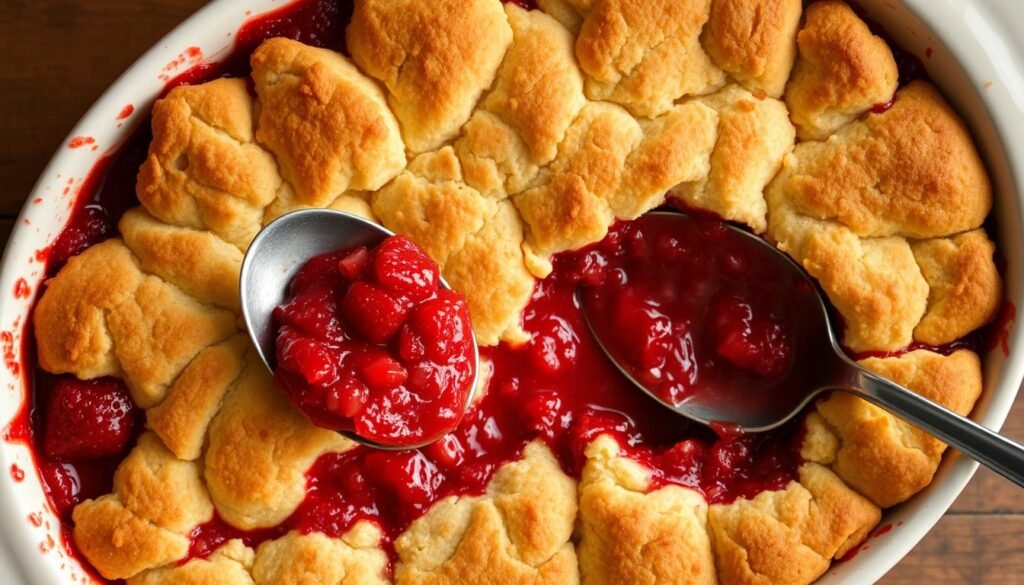 Strawberry cobbler in a baking dish with a golden fluffy topping and red strawberry filling visible