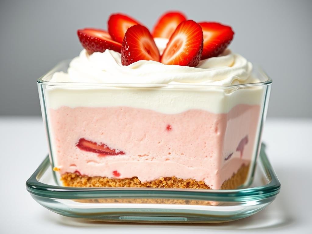 Strawberry dream dessert with layers of cream, graham crackers, and fresh strawberries in a glass dish