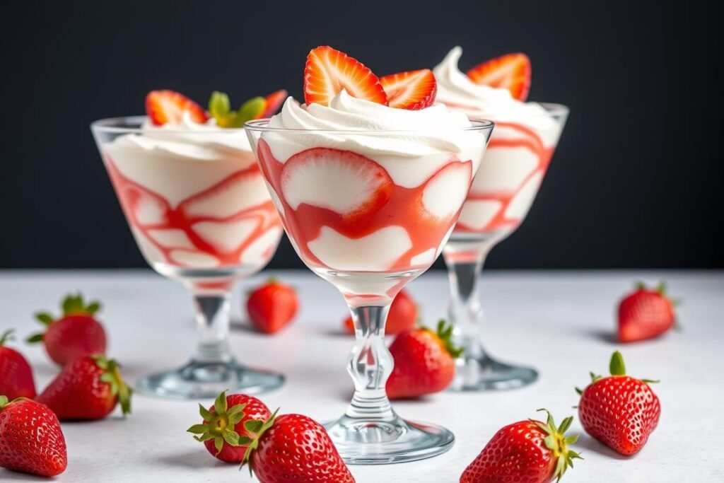 Strawberry fool dessert in glass cups with swirls of cream and strawberry puree Strawberry fool dessert in glass cups with swirls of cream and strawberry puree
