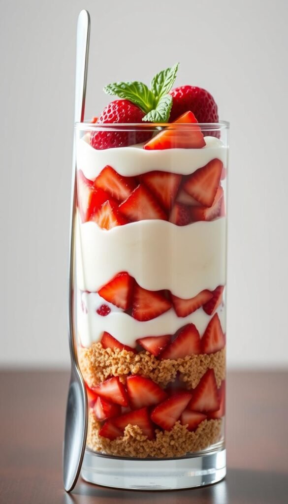 Strawberry parfait in a tall glass with layers of cream, berries, and granola visible